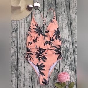 Tropical print criss cross one piece swimsuit